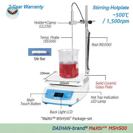 Bếp Khuấy Nhiệt Độ Cao Kỹ Thuật Số DAIHAN DH.WMH00501 (500℃, 80~1.500 vòng/phút, “MaXtirTM MSH500”, Bộ Cảm Biến Nhiệt Độ, 120V)